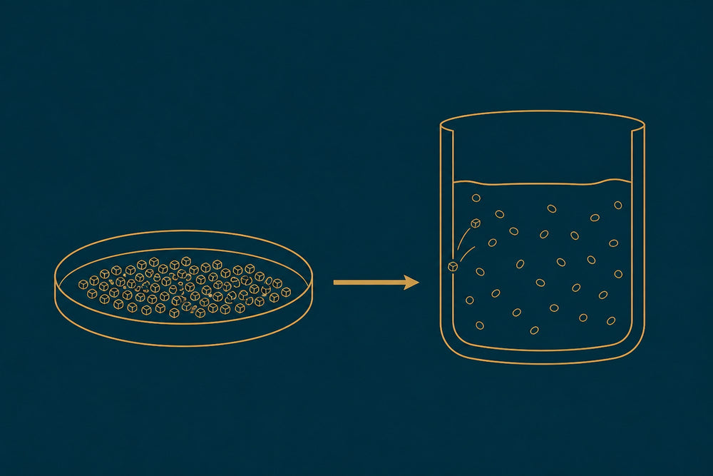 A drawn diagram in gold line work on deep teal showing prebiotic fiber feeding a probiotic culture
