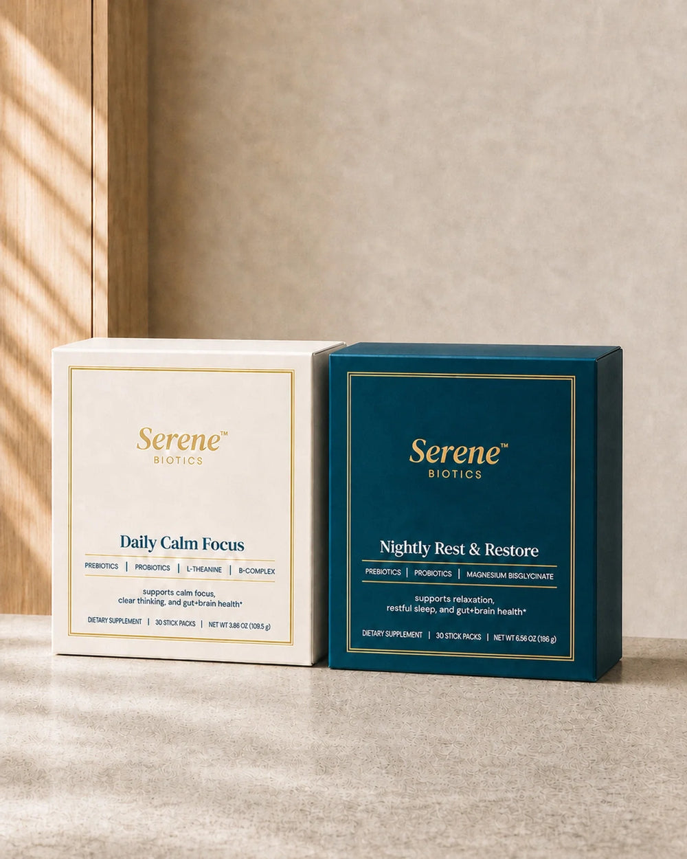 The Daily Calm Focus and Nightly Rest and Restore cartons, shipped together as the Gut-Brain Protocol