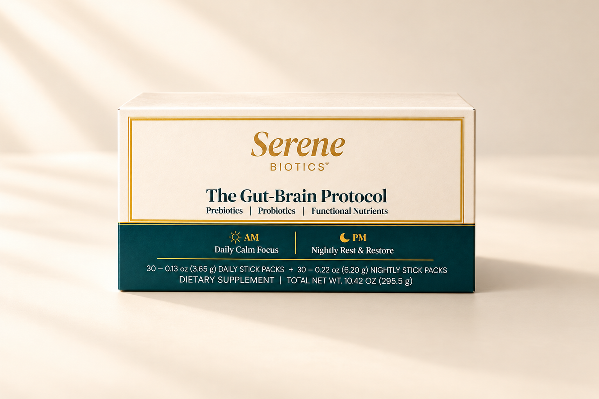 The closed Gut-Brain Protocol box on an ivory studio surface
