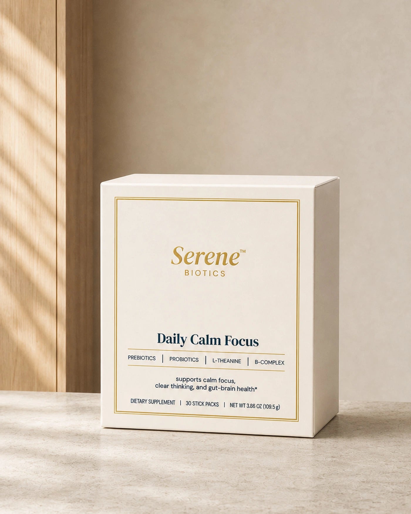 Daily Calm Focus carton beside a prepared morning drink