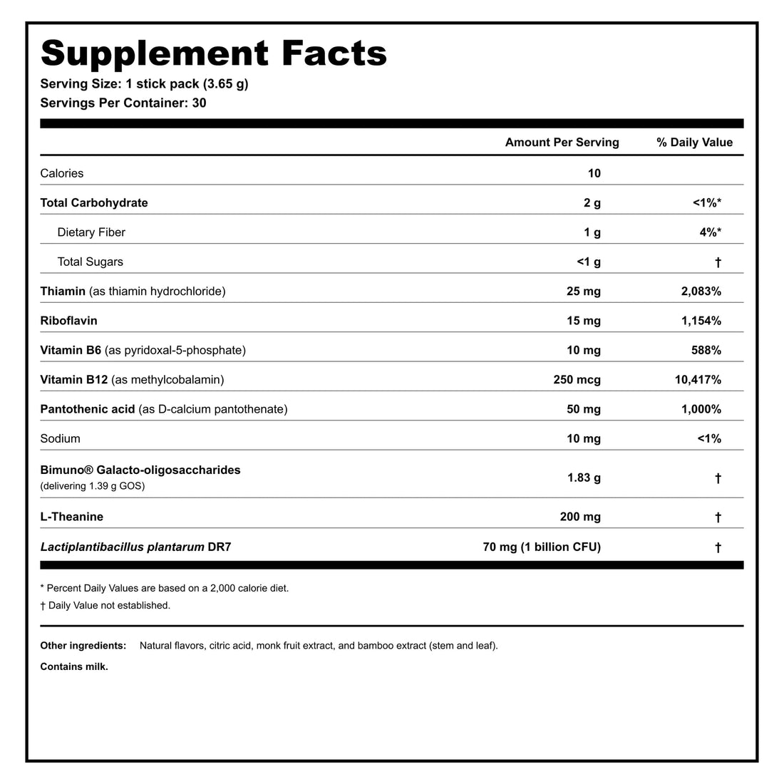 Daily Calm Focus Peach Mango Supplement Facts panel