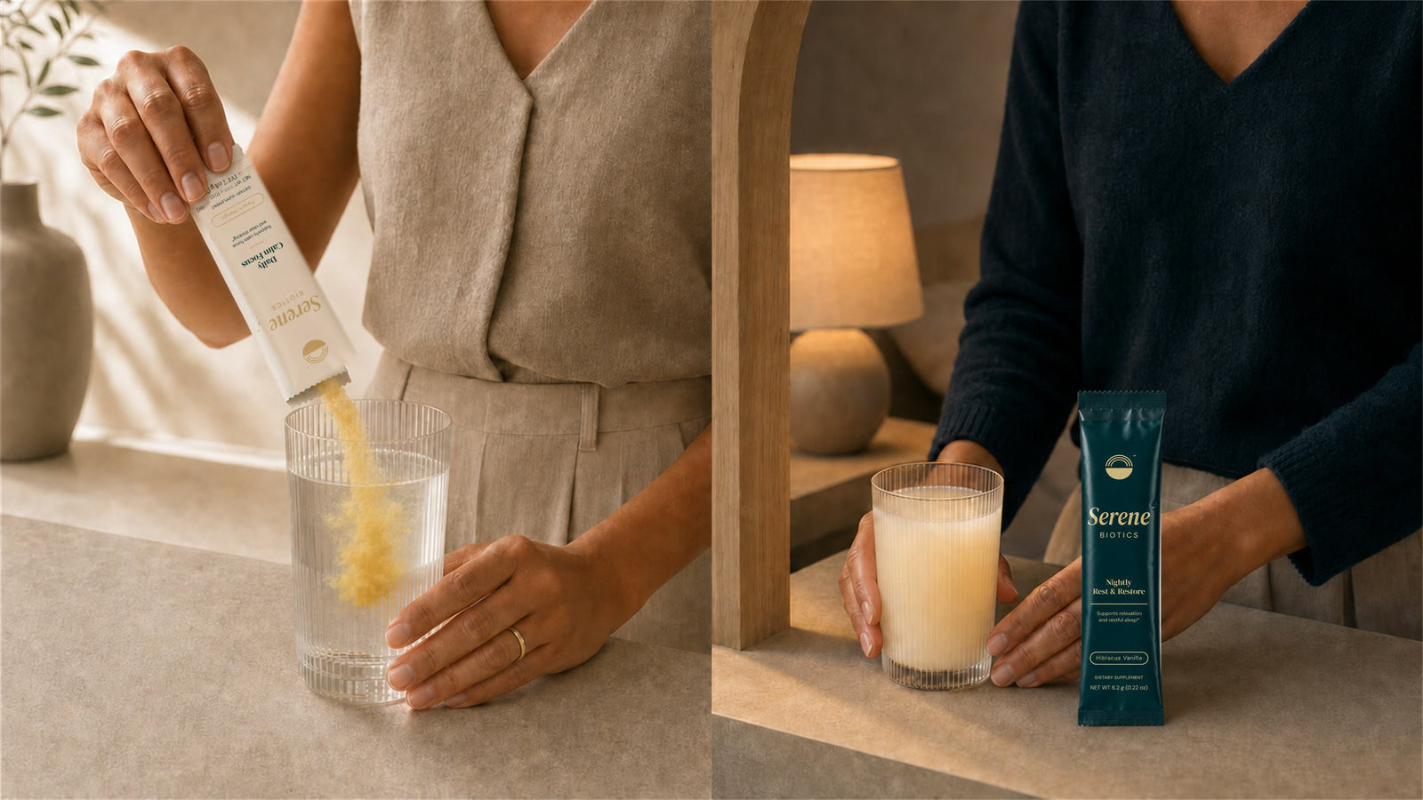 Hands preparing the morning drink and hands holding the evening serving