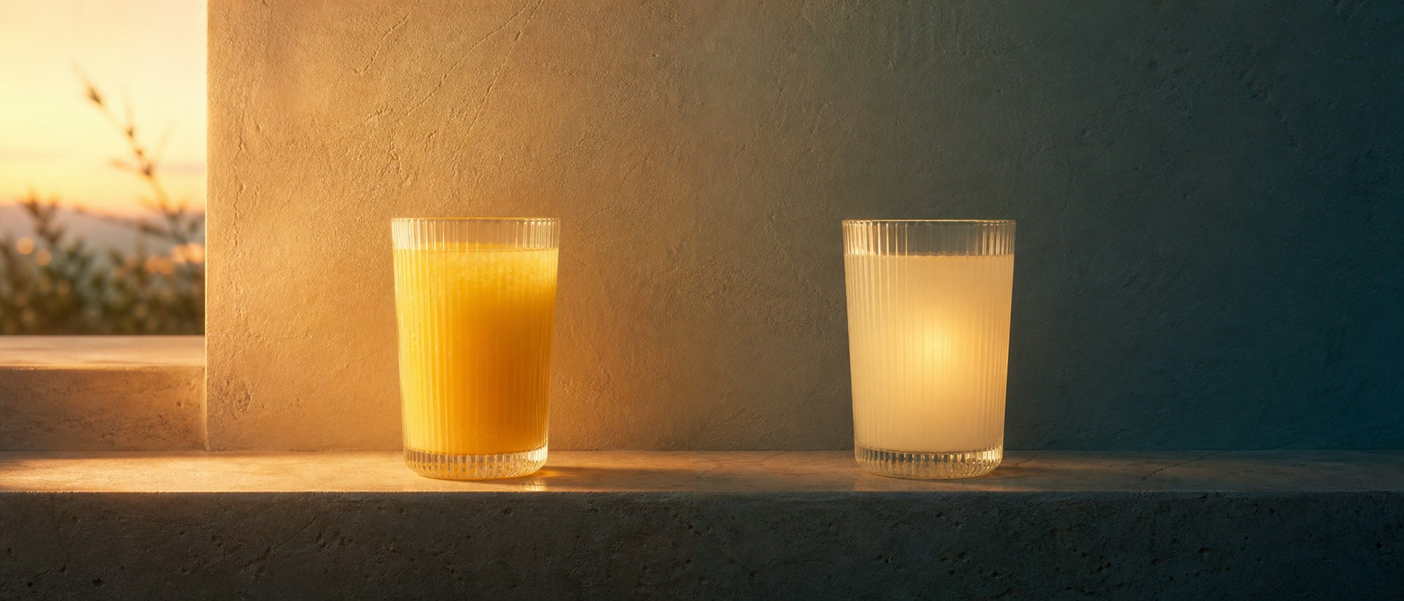 The two drinks side by side at dusk, amber light falling to deep blue