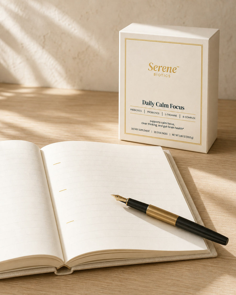 An open weekly planner with three small gold marks beside the Daily Calm Focus carton