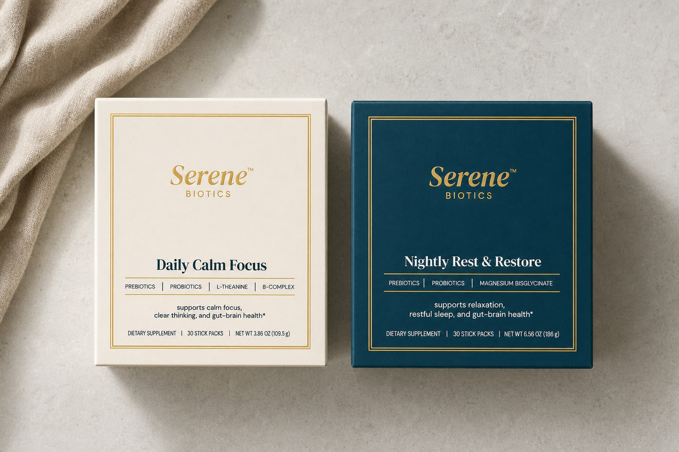 What arrives: the Daily Calm Focus and Nightly Rest and Restore cartons side by side