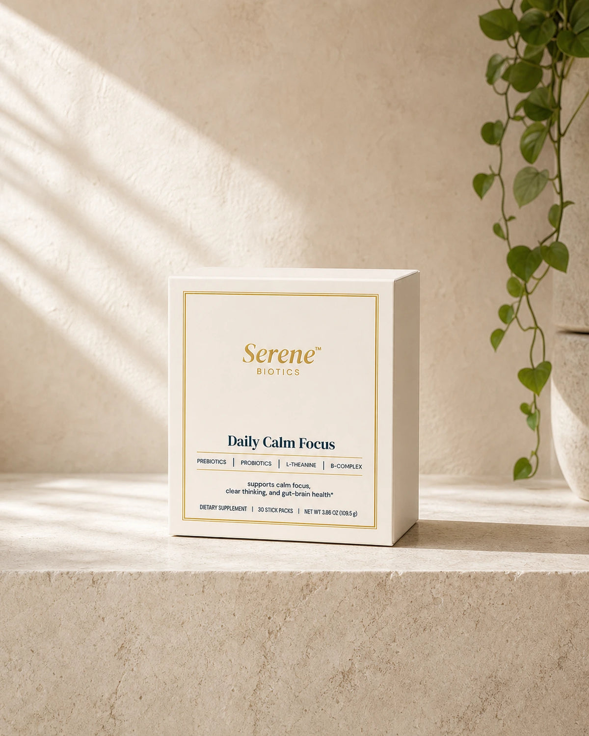 Daily Calm Focus carton in morning light on pale stone