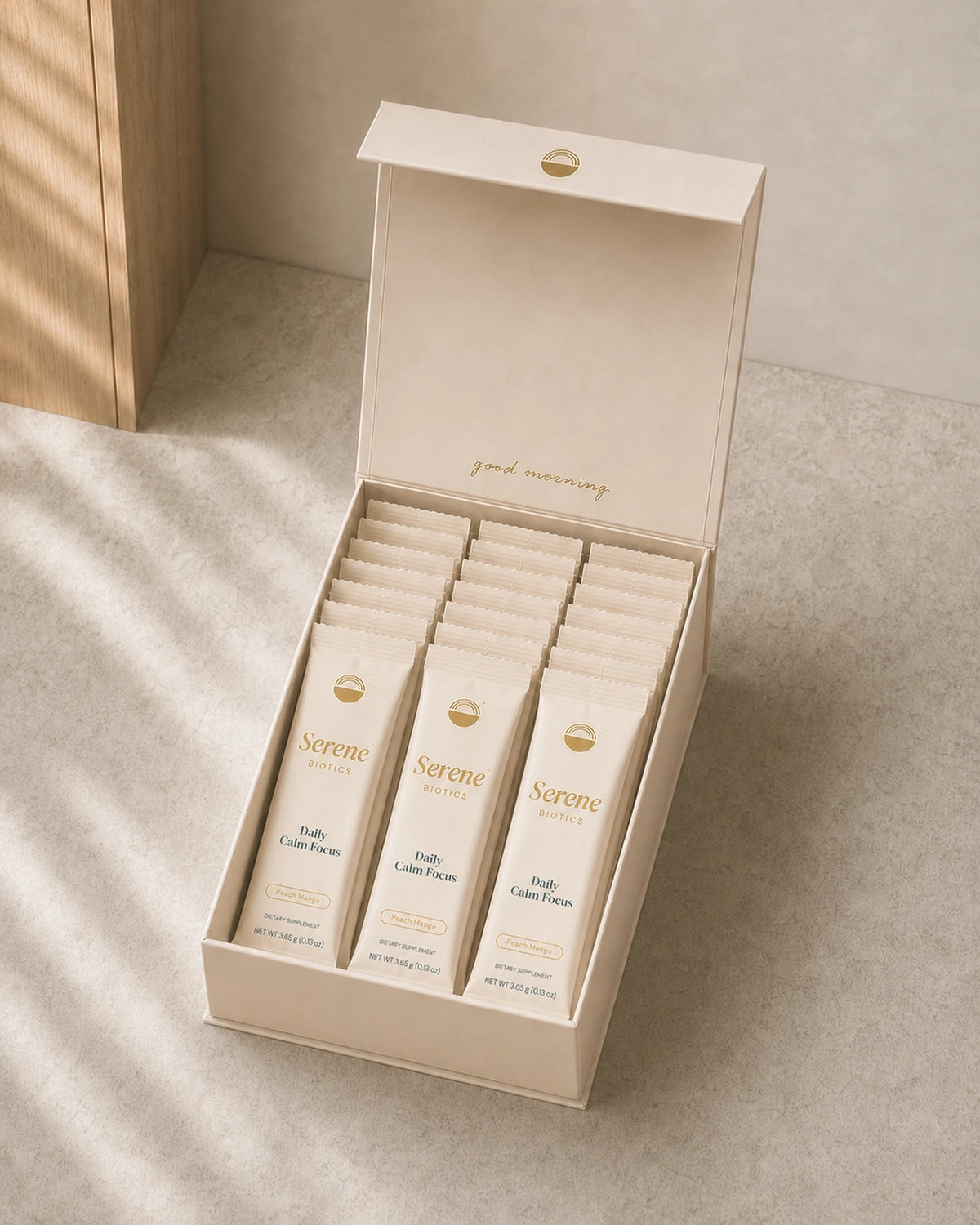 Open Daily Calm Focus carton with thirty Peach Mango stick packs