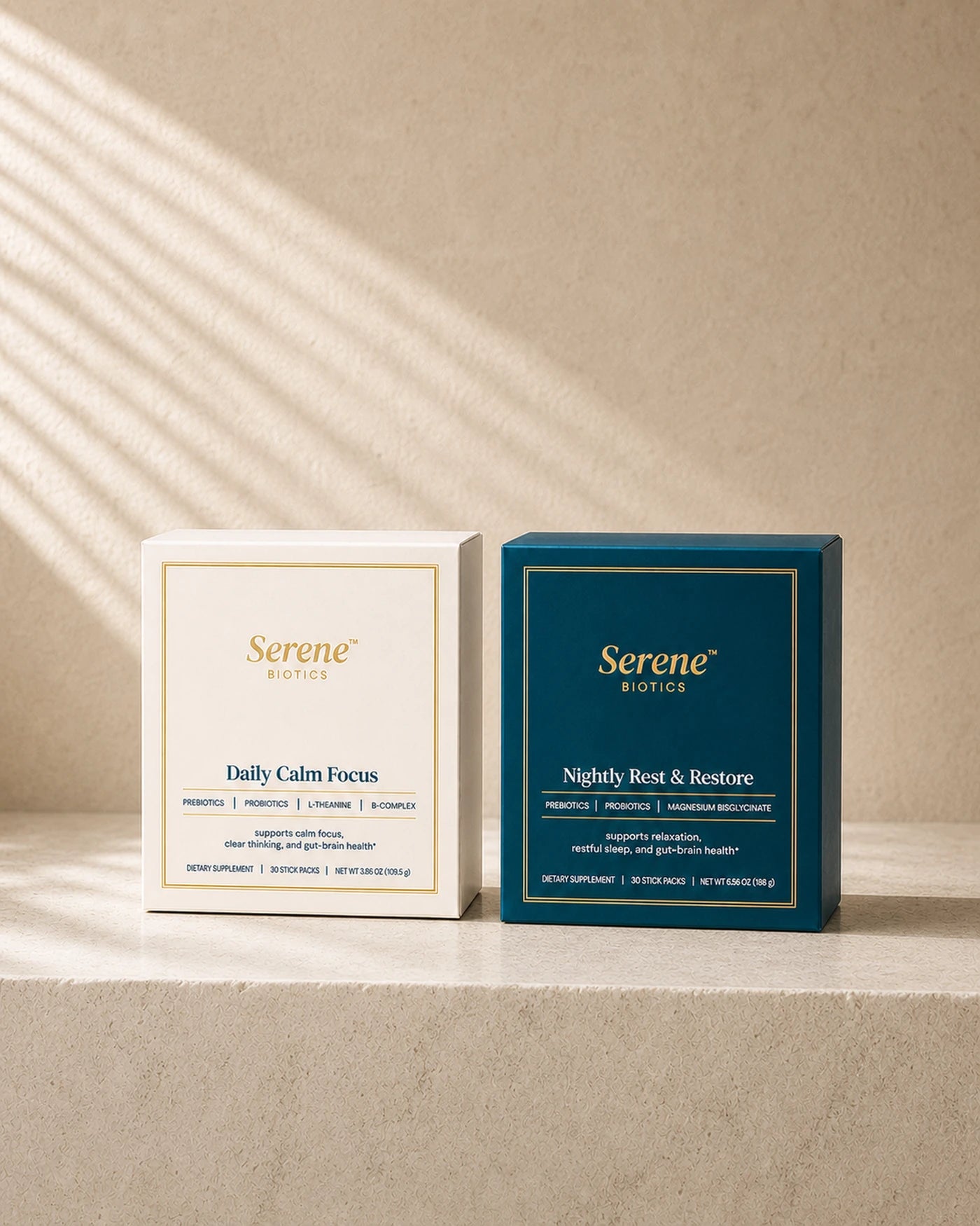 Daily Calm Focus and Nightly Rest and Restore cartons together in morning light