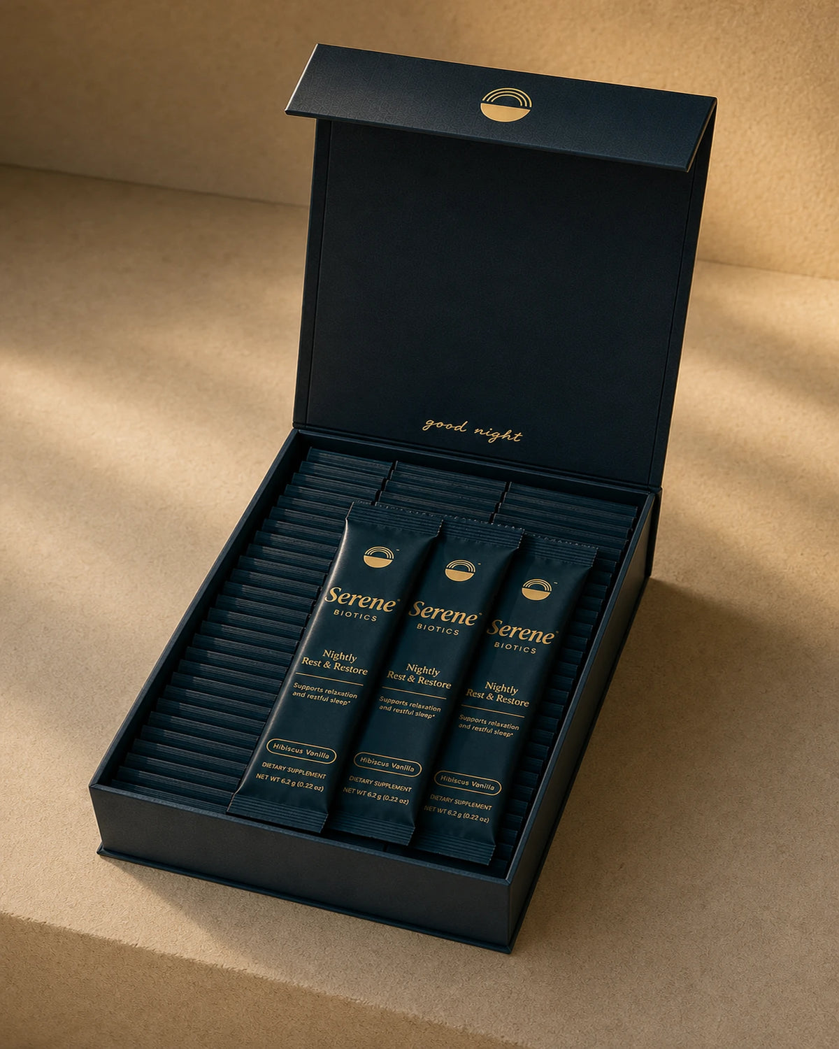 Open Nightly Rest and Restore carton with thirty Hibiscus Vanilla stick packs
