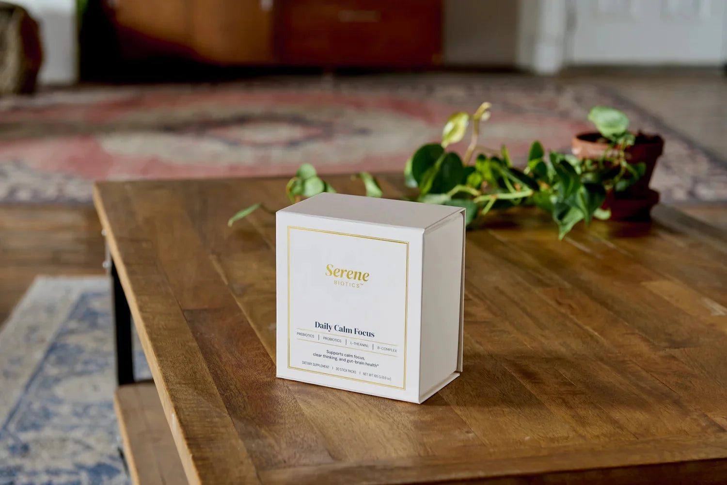 The Daily Calm Focus carton at home in morning light