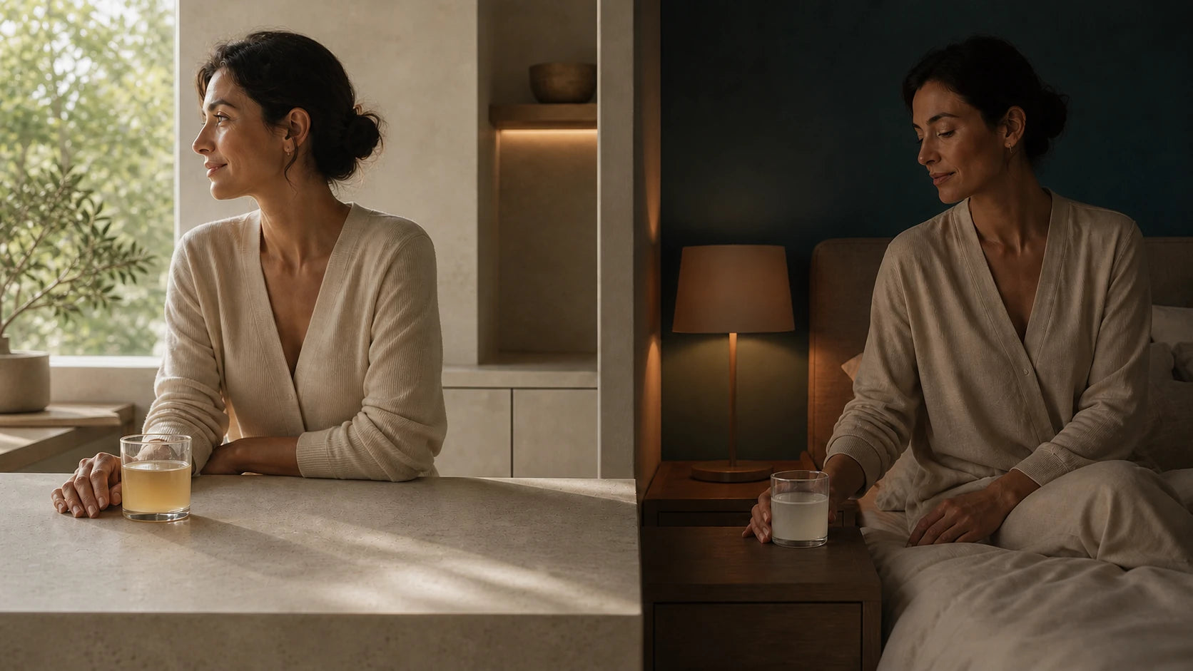 One woman begins her day in warm natural light while another settles into a calm evening ritual