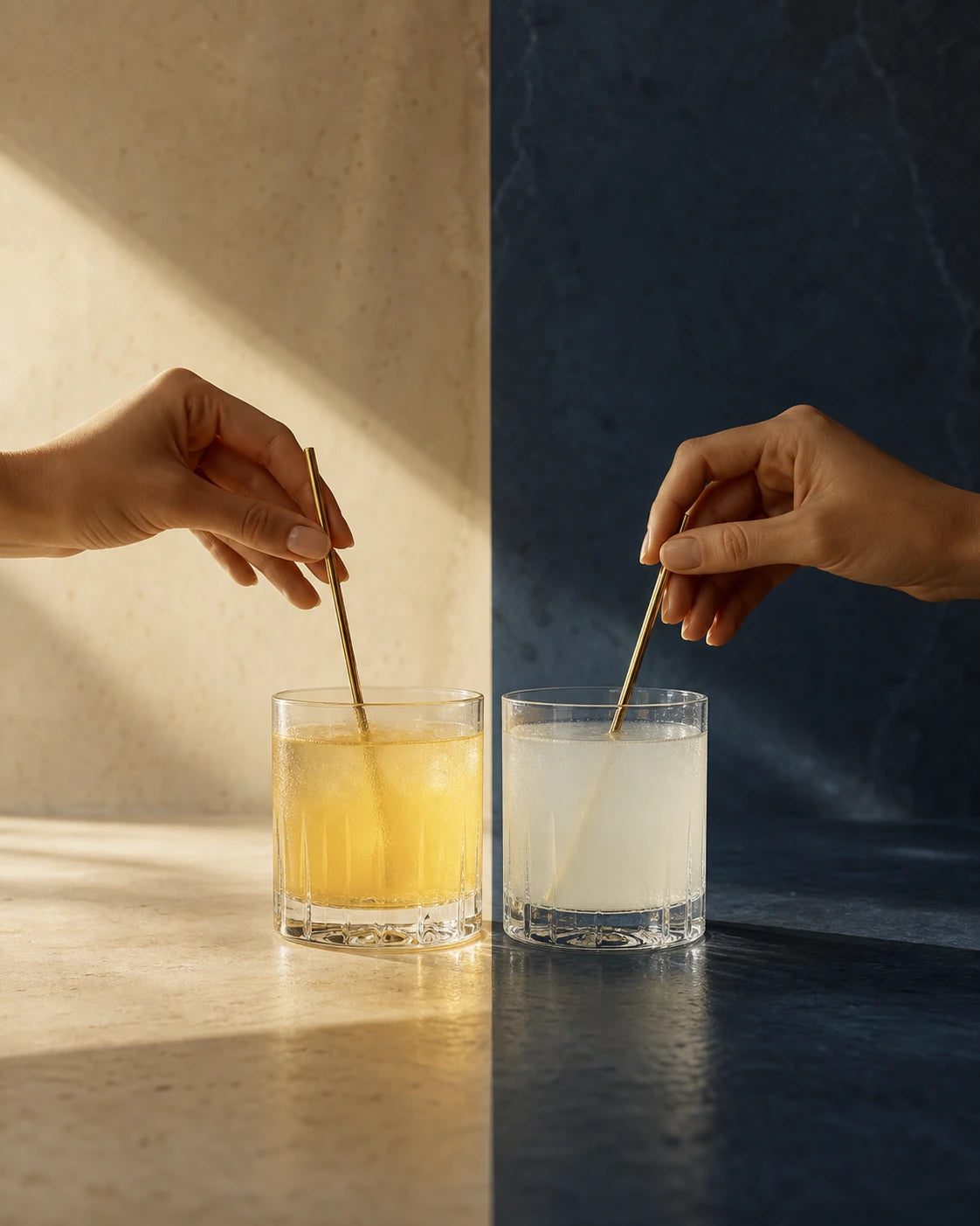 A prepared morning drink in translucent yellow-orange and a prepared evening drink in lightly cloudy off-white